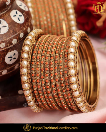 Antique Gold Finished Orange Pearl Bangles Set (Both Hand Pair) | Punjabi Traditional Jewellery Exclusive